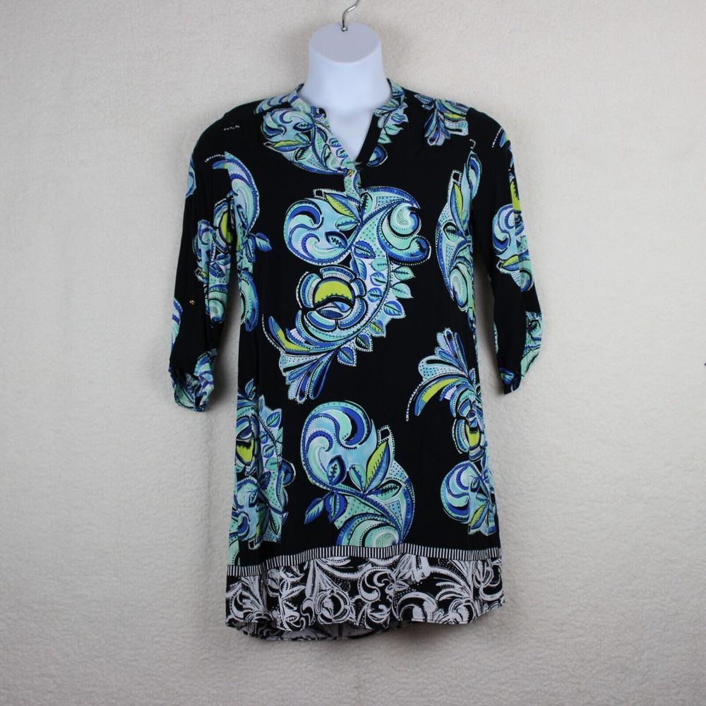 Kaari Women's Dress 4 Shift Navy Blue Paisley Long Roll Tab Sleeve V Neck Rayon